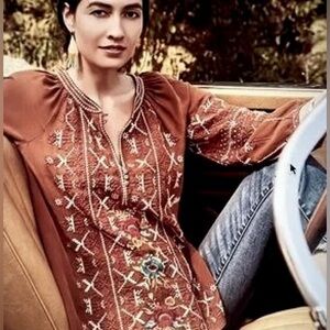 Johnny Was Silk Embroidered Tie Back Blouse